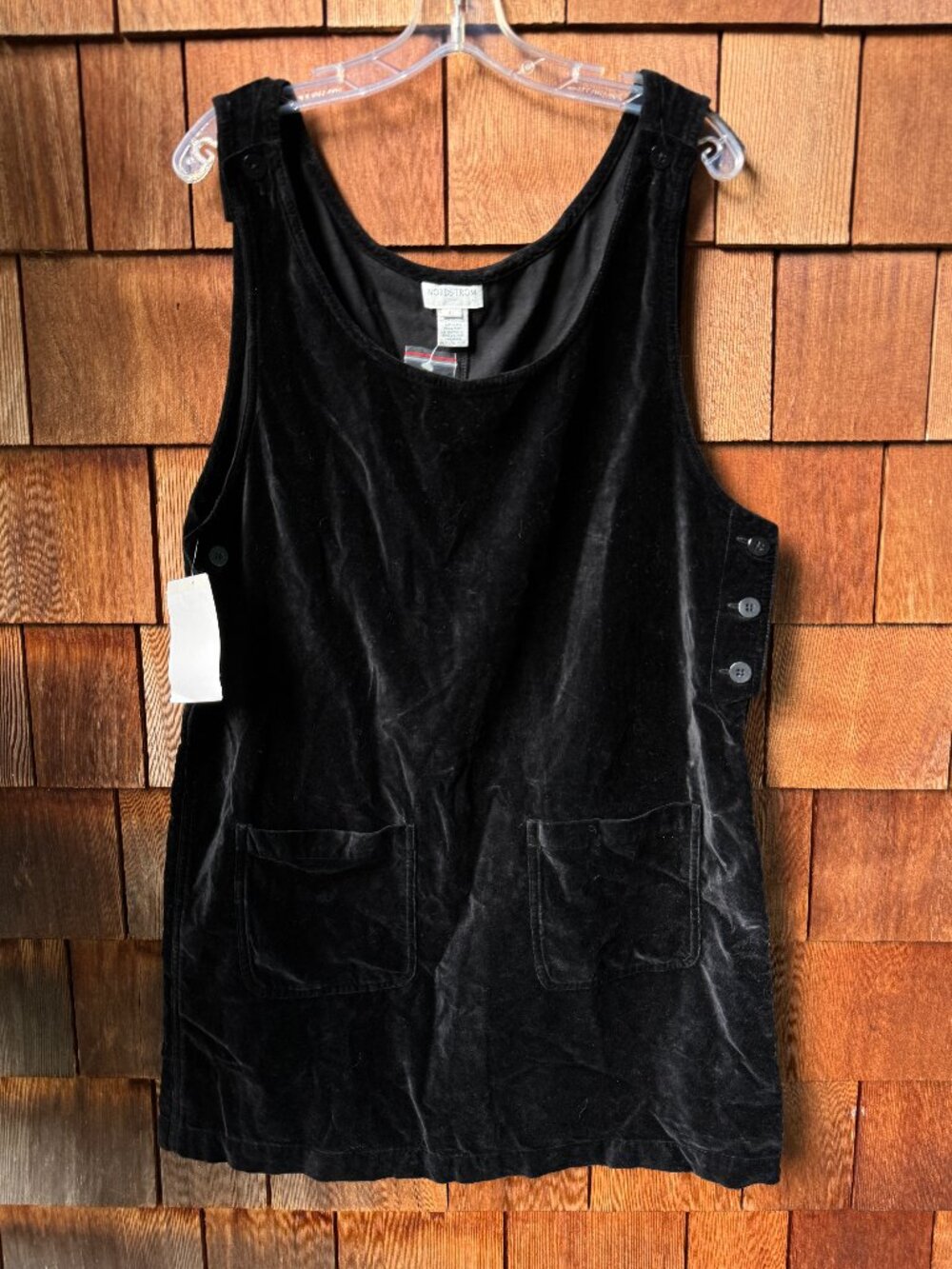 NWT Nordstrom Black Cotton Crushed Velvet 90's Jumper Pocket Dress in Women's XL
